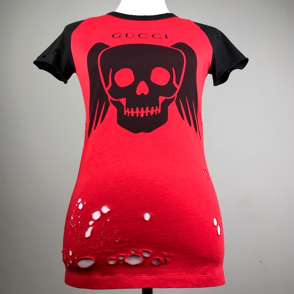Gucci Red Skull Baseball T Shirt Size XS Ripped Wings Designer Top Distressed - Picture 4 of 8